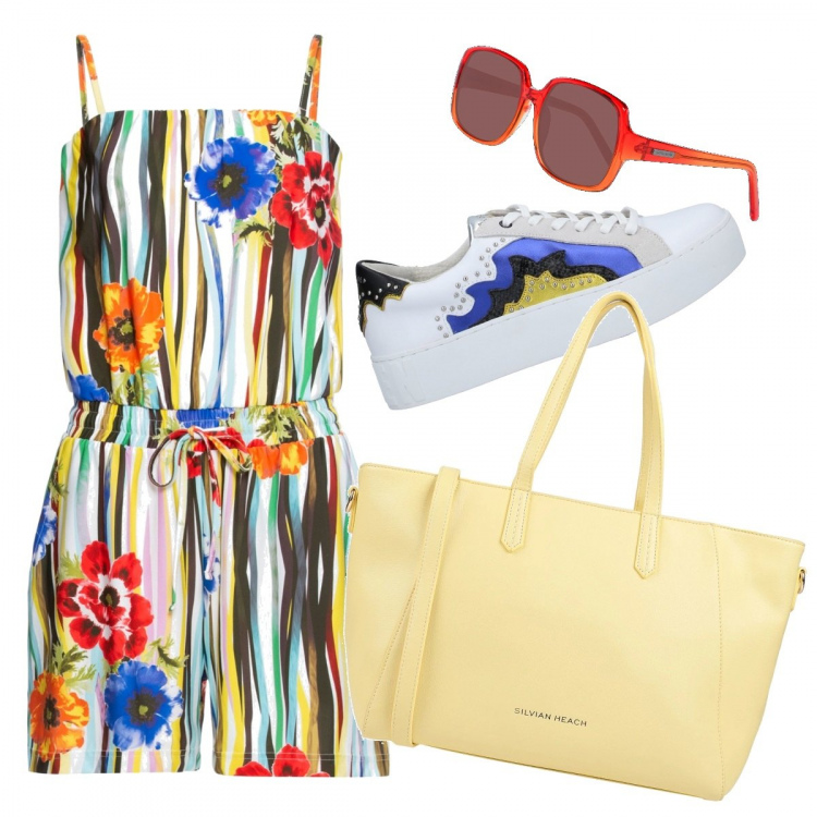 Outfit donna - Flowers and stripes. Stile Etnico per Mare. Abbinamento con tuta corta, borse a mano, sneakers, occhiali da sole.