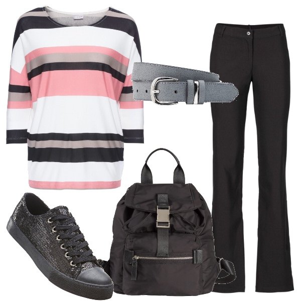 Outfit donna - Sneakers e zainetto. Stile Basic per Tutti i giorni. Abbinamento con pantaloni, maglia, sneakers suola leggera con paillettes e lacci nero.