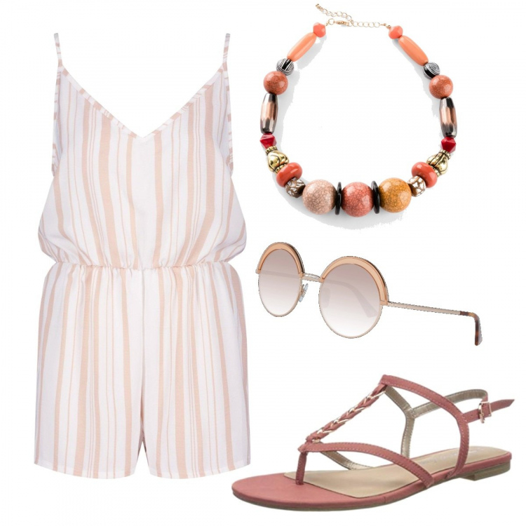 Outfit donna - Tutina da mare. Stile Basic per Mare. Abbinamento con collane, tuta corta, infradito, occhiali da sole.