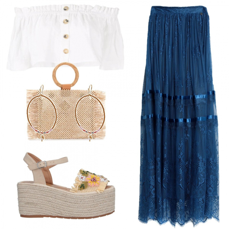 Outfit donna - Gitana Chic. Stile Etnico per Mare. Abbinamento con gonne lunghe, sandali col tacco, orecchini, top, borse tote.