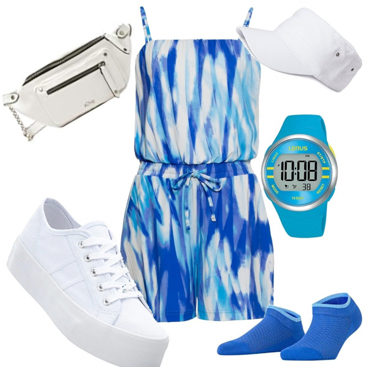 Outfit donna - La jumpsuit per fare sport. Stile Trendy per Tutti i giorni. Abbinamento con sneakers, tuta corta, orologi digitali, calzini, cappelli con visiera, marsupi.