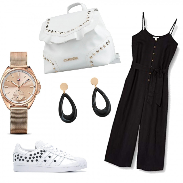 Outfit femme - A l\'aise en salopette. Style Tendance pour Tous les jours. Assortir avec salopette, sneakers, sacs banane, boucles d'oreilles, montres analogiques.