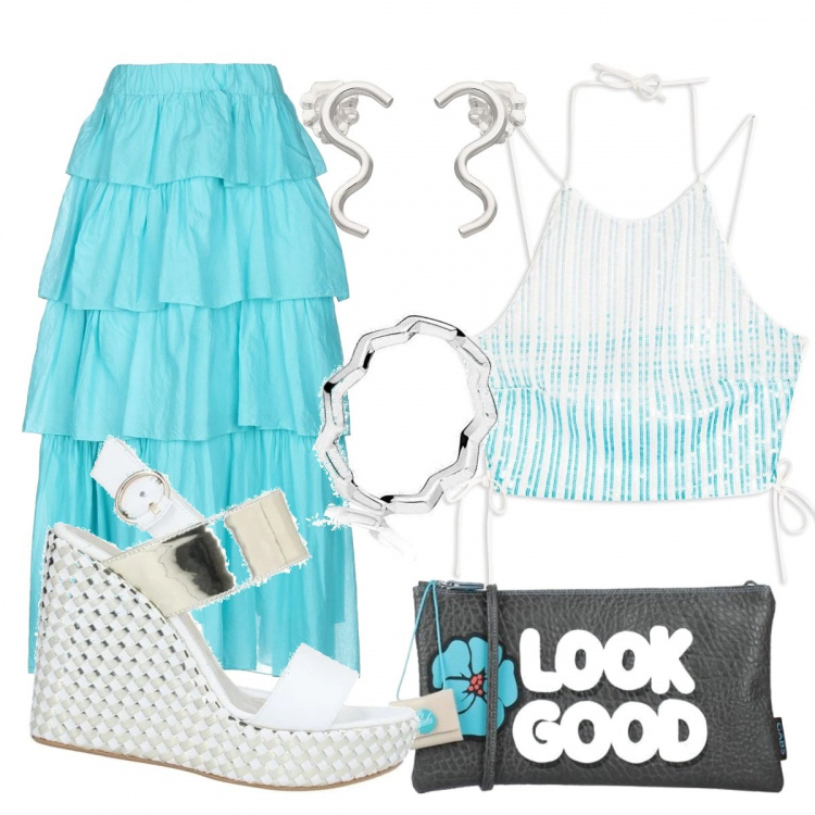 Outfit donna - Verde acqua. Stile Trendy per Tutti i giorni. Abbinamento con gonne lunghe, borse a mano, orecchini, top, sandali in pelle, anelli.