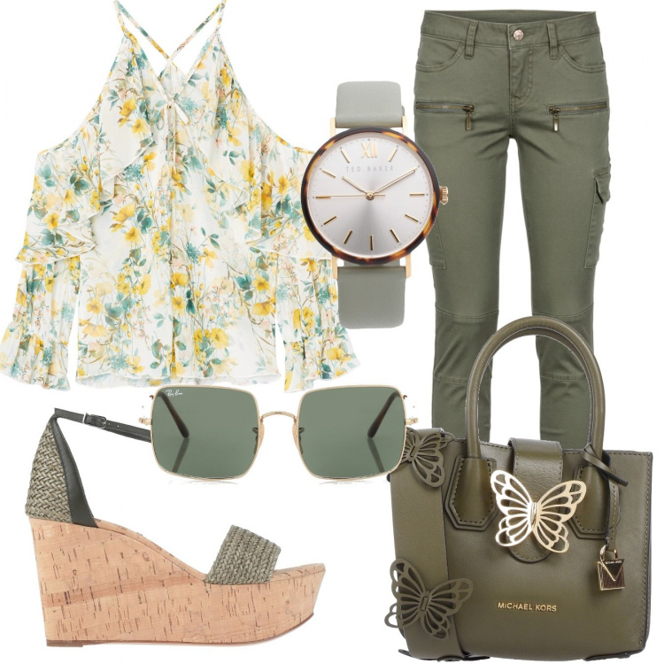 Outfit donna - Trendy #54774. Stile Trendy per Tutti i giorni. Abbinamento con pantaloni cargo, borse a mano, sabot, orologi, bluse, occhiali da sole.