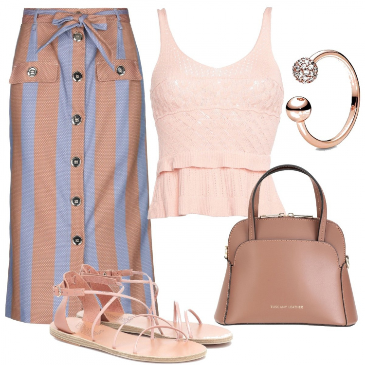 Outfit donna - Top e maxi gonna. Stile Chic per Ufficio. Abbinamento con top, gonne longuette, borse a spalla, sandali, anelli.