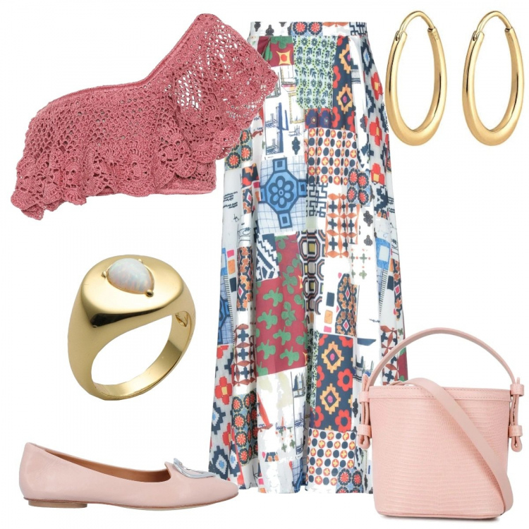 Outfit donna - Top e maxi gonna boho. Stile Etnico per Tutti i giorni. Abbinamento con gonne lunghe, anelli, ballerine, borse a secchiello, top, orecchini.