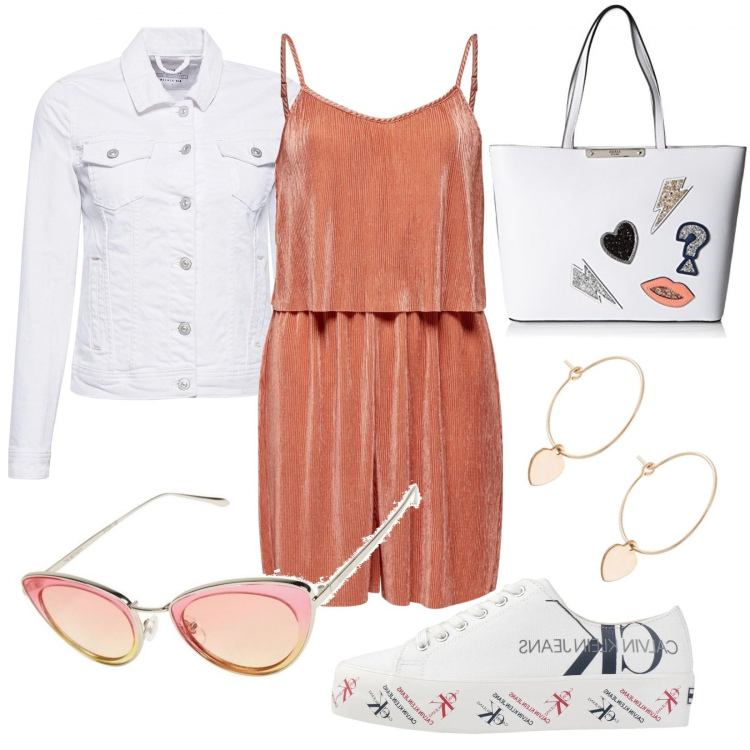 Outfit mujer - Sneakers blancas + jumpsuit corto!!. Estilo Chic para Todos los días. Combinación con blazers, bolso shopper, chándales, gafas de sol, colgantes, sneakers.