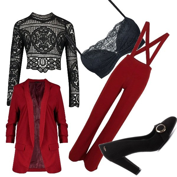 Outfit donna - Vinaccia. Stile Sexy per Serata fuori. Abbinamento con reggiseni push-up, blazer, top, pantaloni a palazzo, décolleté.
