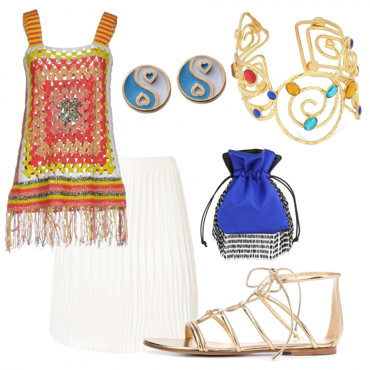 Outfit donna - Aperitivo a Forte dei Marmi. Stile Trendy per Serata fuori. Abbinamento con top, orecchini, minigonne, sandali alla schiava, pochette, braccialetti.