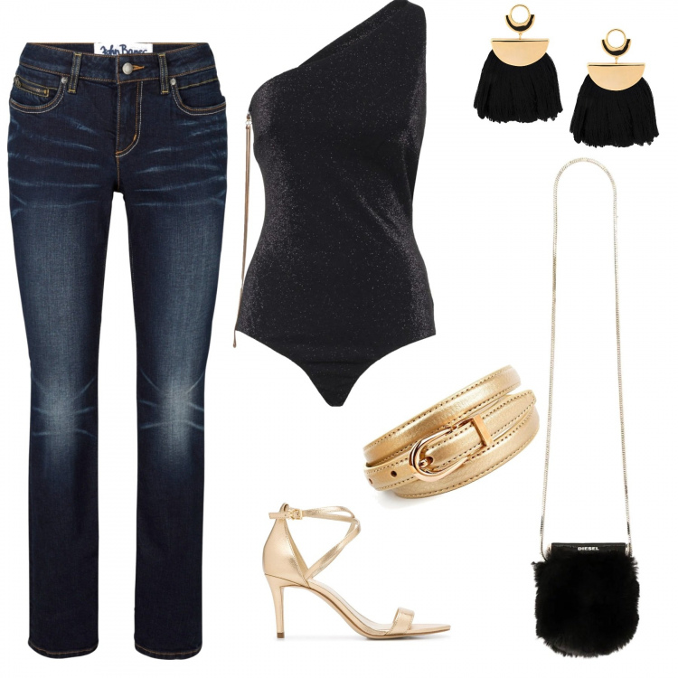 Outfit donna - Discoteca con le amiche. Stile Trendy per Serata fuori. Abbinamento con jeans dritti, orecchini, clutch, sandali col tacco, top, cinture.