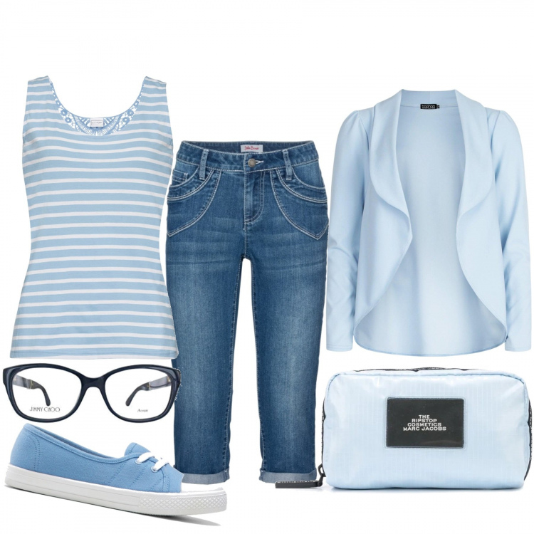Outfit donna - Basic #32812. Stile Basic per Tutti i giorni. Abbinamento con jeans dritti, ballerine, top, blazer, clutch, occhiali da sole.