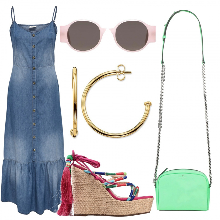 Outfit mujer - Microbolso. Estilo Basic para Todos los días. Combinación con pendientes, vestidos largos, sandalias romanas, bolsos de hombro, gafas de sol.