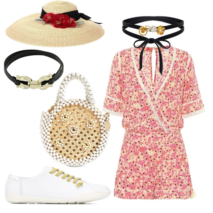 Outfit femme - Sneakers blanches et salopette courte. Style Tendance pour Tous les jours. Assortir avec combishort, sneakers, pochette, chapeaux, bracelets, colliers.