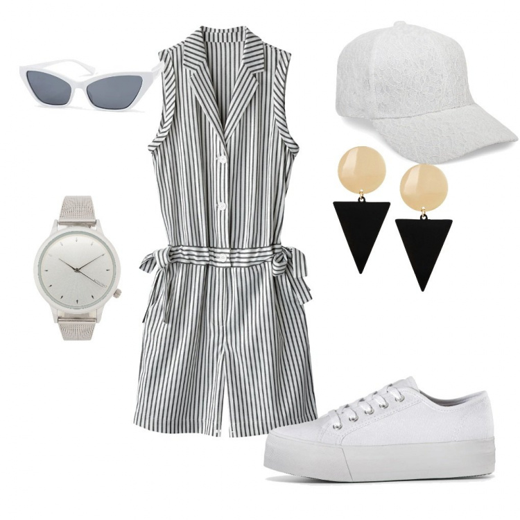 Outfit femme - Total look blanc combi. Style Urban pour Tous les jours. Assortir avec sneakers, boucles d'oreilles, combishort, montres, lunettes de soleil, chapeaux avec visière.