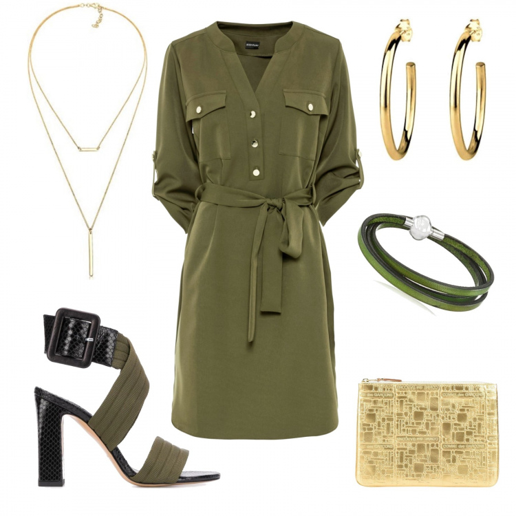 Outfit femme - Kaki. Style Tendance pour Tous les jours. Assortir avec robes chemisier, sandales en cuir, bracelets, pochette, boucles d'oreilles, colliers.