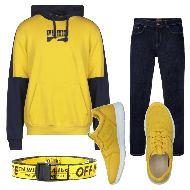 Outfit uomo - Puma giallo. Stile Urban per Tutti i giorni. Abbinamento con jeans dritti, sneakers, felpe con cappuccio, cinture.