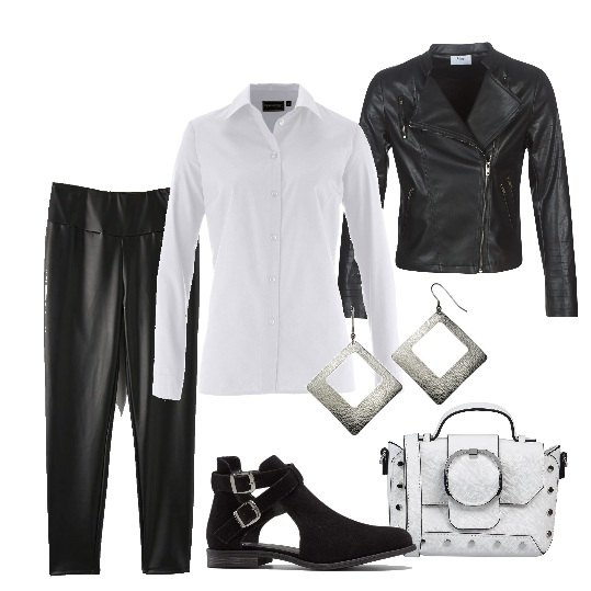 Outfit donna - Glamrock. Stile Rock per Serata fuori. Abbinamento con camicie, stivaletti, borse a spalla, leggings, giacche, orecchini.