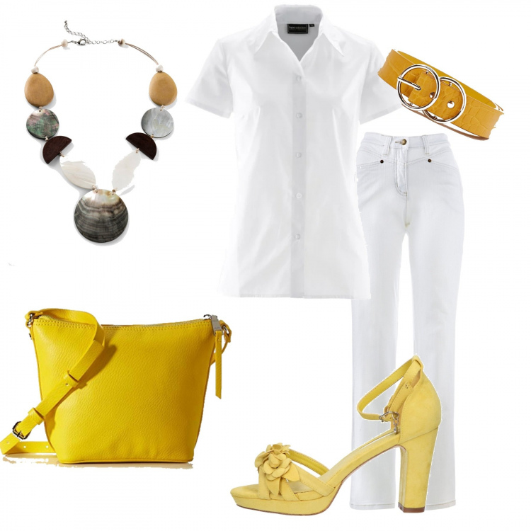 Outfit donna - Bianco e giallo per tornare al lavoro. Stile Basic per Ufficio. Abbinamento con camicie a manica corta, pantaloni, collane, cinture, sandali, borse a tracolla.