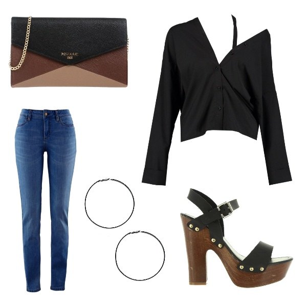 Outfit donna - Evergreen. Stile Basic per Serata fuori. Abbinamento con jeans skinny, orecchini a scatto nero.