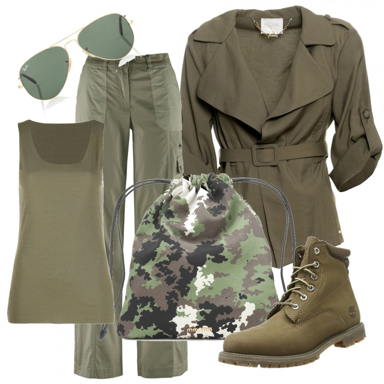 Outfit donna - Come in un safari. Stile Urban per Tutti i giorni. Abbinamento con pantaloni cargo, giacche, canottiere, stivaletti, borse a tracolla, occhiali da sole.