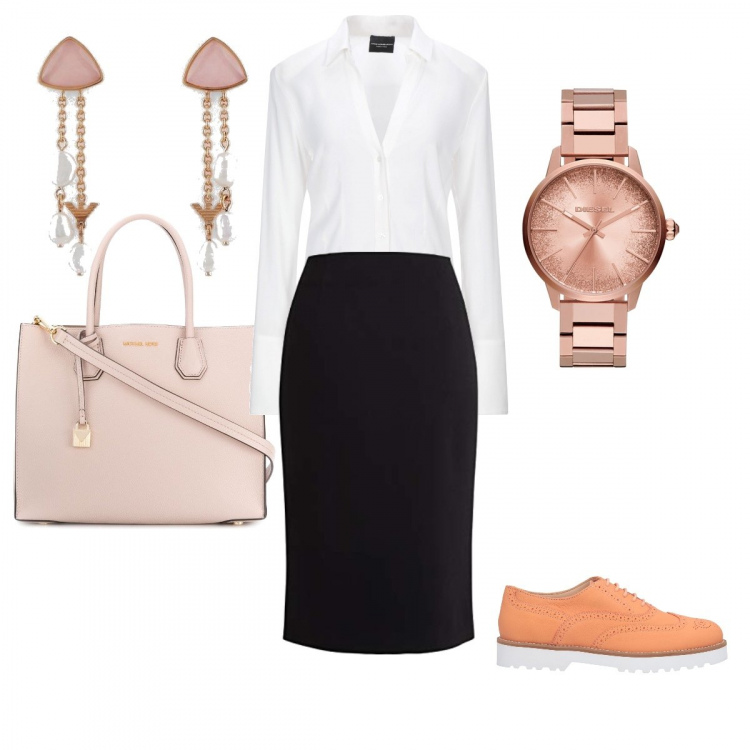 Outfit donna - Oro rosa. Stile Chic per Ufficio. Abbinamento con scarpe stringate, camicie, orologi analogici, borse a mano, gonne, orecchini.