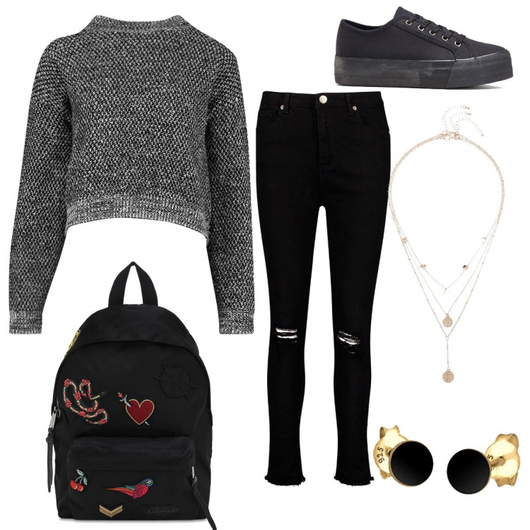 Outfit donna - Compito in classe. Stile Rock per Scuola/Università. Abbinamento con sneakers, ciondoli, pullovers, jeans skinny, orecchini, zaini.
