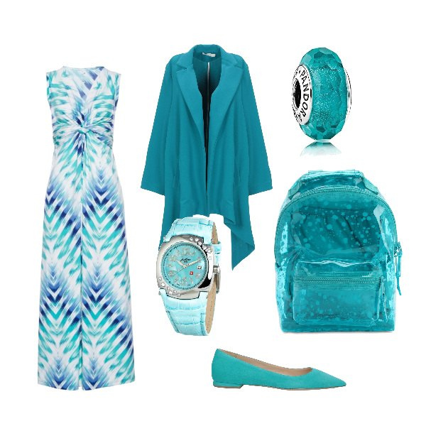 Outfit donna - Acquamarina per una giornata a lavoro. per Ufficio. Abbinamento con blazer, ballerine, vestiti, zaini, orologi, ciondoli.
