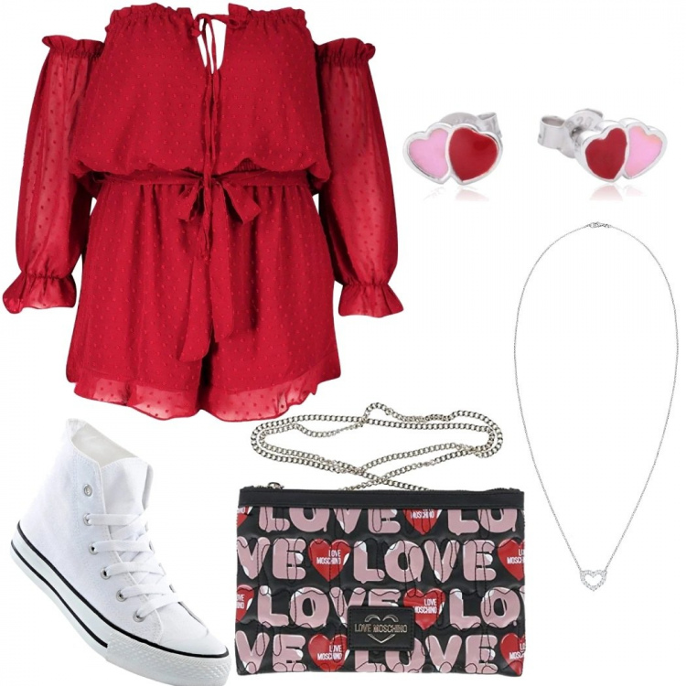 Outfit donna - Red summer. Stile Trendy per Serata fuori. Abbinamento con sneakers alte, tuta corta, pochette, collane, orecchini.