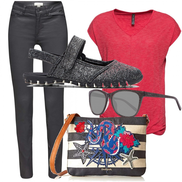 Outfit donna - Basic #33086. Stile Basic per Tutti i giorni. Abbinamento con maglieria, ballerine, pantaloni, borse a tracolla, occhiali da sole.