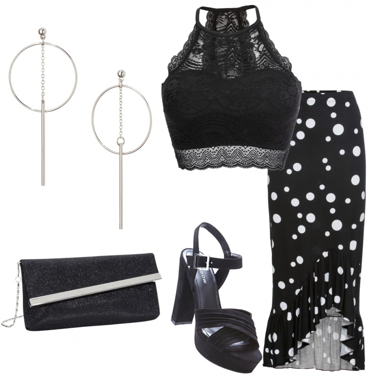 Outfit donna - Bonprix per la sera. Stile Chic per Serata fuori. Abbinamento con reggiseni, gonne, sandali col tacco, pochette, orecchini.