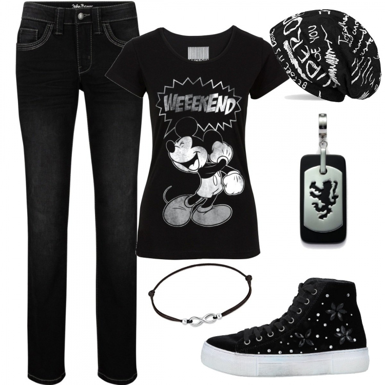 Outfit donna - Total black. Stile Trendy per Tutti i giorni. Abbinamento con t-shirt, jeans dritti, sneakers alte, berretti, ciondoli, braccialetti.