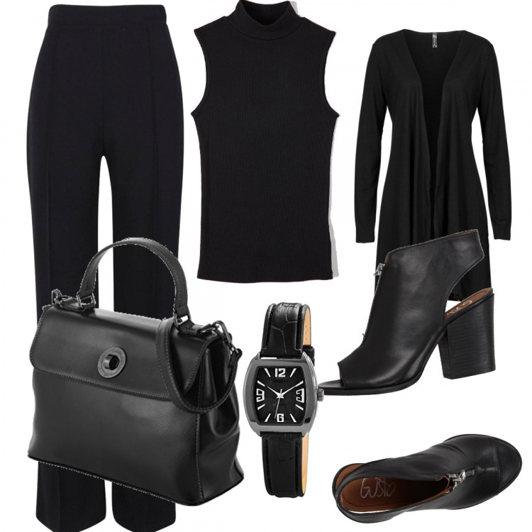 Outfit donna - Basic #33088. Stile Basic per Ufficio. Abbinamento con cardigans, sandali col tacco, canottiere, pantaloni a palazzo, borse a mano, orologi analogici.