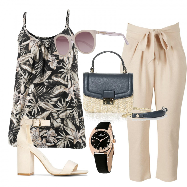 Outfit donna - Bon Ton #23214. Stile Bon Ton per Serata fuori. Abbinamento con top, sandali col tacco, pantaloni a palazzo, borse a mano, orologi, occhiali da sole.