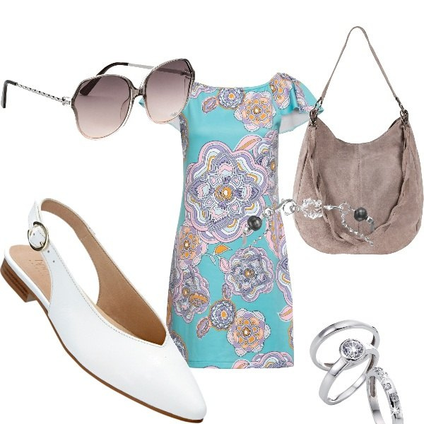 Outfit donna - Bon ton estivo. Stile Bon Ton per Tutti i giorni. Abbinamento con borse a mano, vestiti, ballerine, anelli, occhiali da sole, braccialetti.