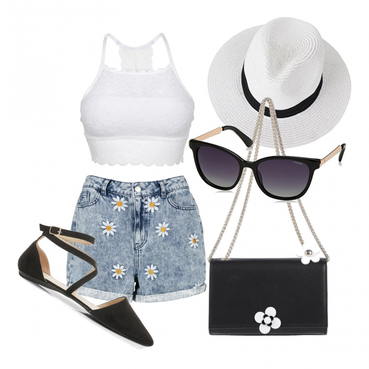Outfit donna - Una vita in vacanza. Stile Trendy per Tutti i giorni. Abbinamento con reggiseni, borse a spalla, ballerine, pantaloni corti, cappelli, occhiali da sole.