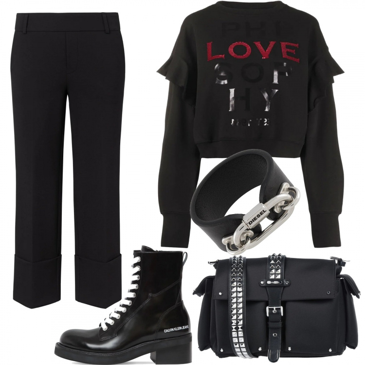 Outfit femme - Glam Punk. Style Rock pour Tous les jours. Assortir avec bottines, gros pulls, sacs à l'épaule, bracelets, pantalon .