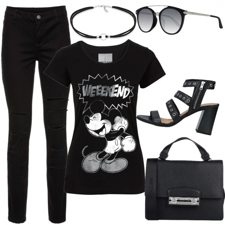 Outfit donna - Curvy Total Black. Stile Urban per Tutti i giorni. Abbinamento con t-shirt, pantaloni skinny, borse a mano, sandali col tacco, occhiali da sole, collane.