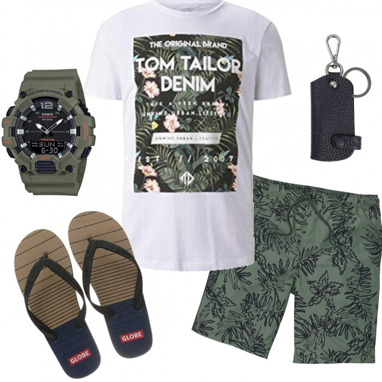Outfit uomo - Inconfondibile. Stile Casual per Mare. Abbinamento con pantaloni corti, portachiavi, orologi digitali, sandali, t-shirt.