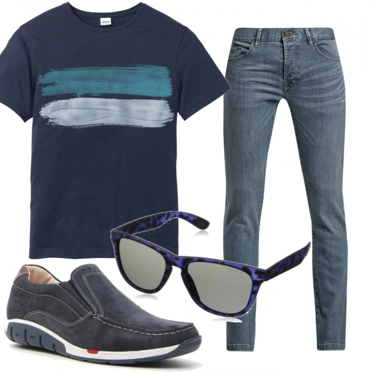 Outfit uomo - Casual #17394. Stile Casual per Tutti i giorni. Abbinamento con t-shirt, scarpe stringate, jeans slim fit, occhiali da sole.