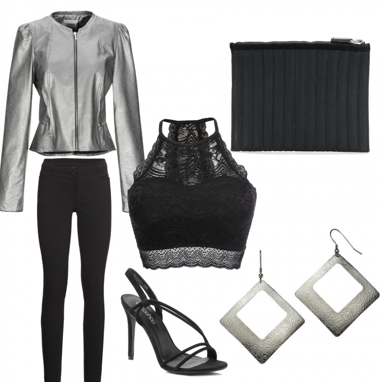 Outfit donna - Sexy disco. Stile Rock per Serata fuori. Abbinamento con reggiseni, pantaloni skinny, cappotti, scarpe col tacco, clutch, orecchini.