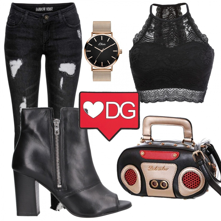 Outfit donna - Serata disco. Stile Trendy per Serata fuori. Abbinamento con reggiseni, jeans strappati, stivaletti, ciondoli, borse a tracolla, orologi.