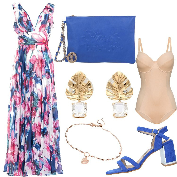 Outfit donna - Curvy in lungo. Stile Chic per Serata fuori. Abbinamento con body, sandali col tacco, orecchini, braccialetti, borse a mano, vestiti lunghi.