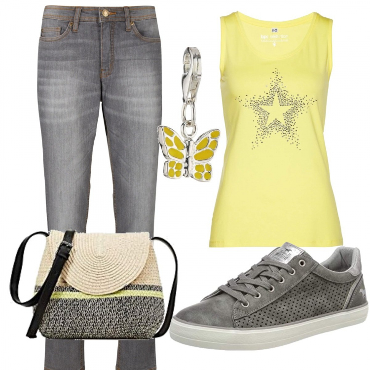 Outfit donna - Tempo libero. Stile Trendy per Tutti i giorni. Abbinamento con jeans mom, top, sneakers, borse a spalla, ciondoli.