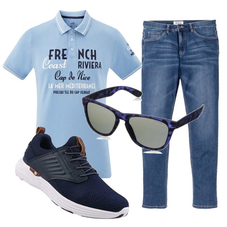 Outfit uomo - Casual #17483. Stile Casual per Tutti i giorni. Abbinamento con jeans, sneakers, polo, occhiali da sole.
