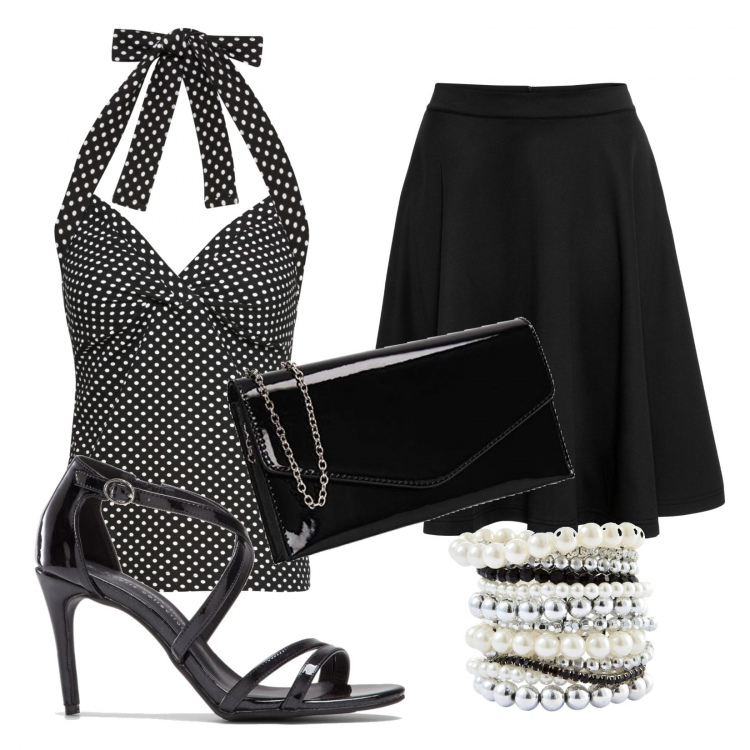 Outfit donna - Che eleganza!. Stile Sexy per Serata fuori. Abbinamento con gonne, braccialetti, top, sandali col tacco, pochette.
