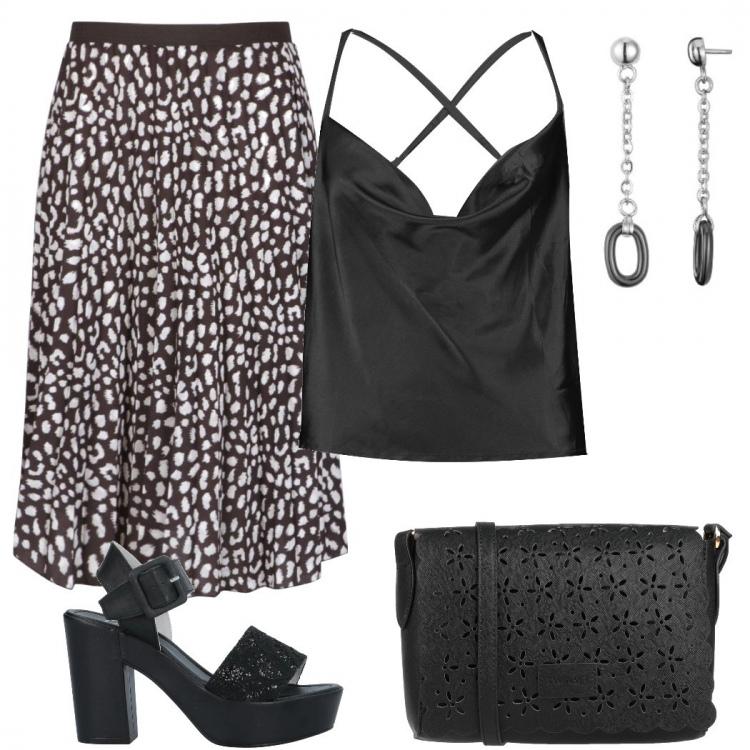 Outfit donna - Top & gonna curvy. Stile Trendy per Serata fuori. Abbinamento con borse a spalla, sandali col tacco, gonne longuette, top, orecchini.