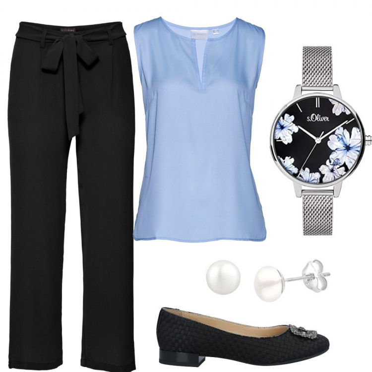 Outfit donna - Comodamente in ufficio. Stile Bon Ton per Ufficio. Abbinamento con pantaloni capri, bluse, ballerine, orecchini, orologi analogici.