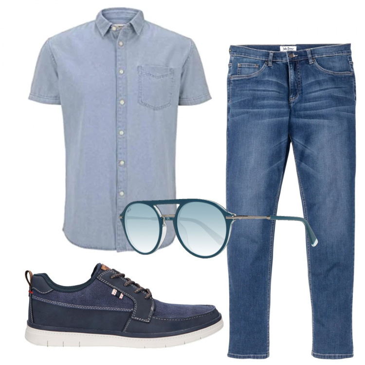 Outfit uomo - Casual #17545. Stile Casual per Tutti i giorni. Abbinamento con jeans, occhiali da sole, scarpe stringate, camicie.