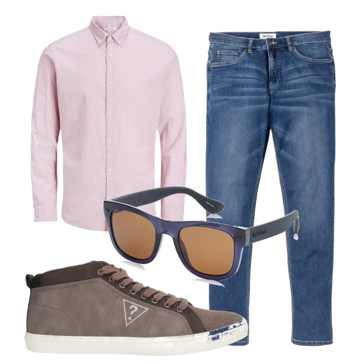 Outfit uomo - Casual #17566. Stile Casual per Tutti i giorni. Abbinamento con jeans, sneakers alte, camicie, occhiali da sole.