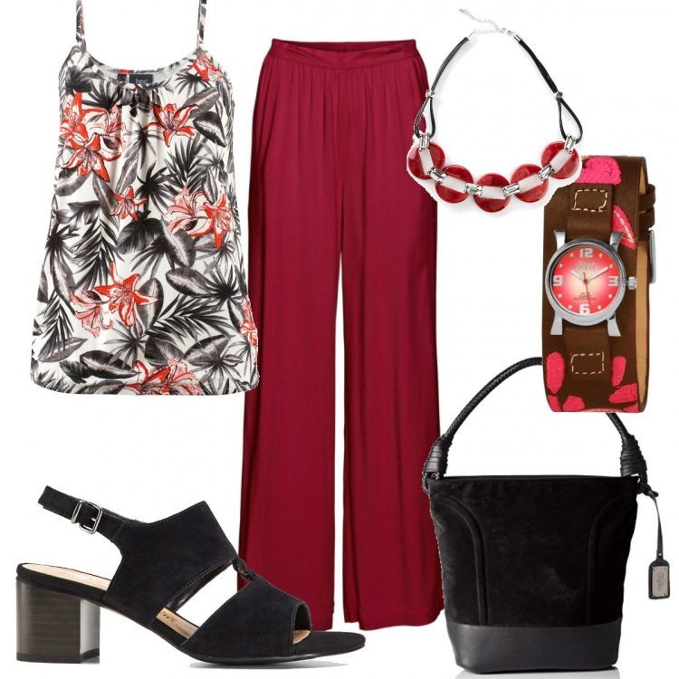 Outfit donna - Curvy ma trendy!. Stile Trendy per Tutti i giorni. Abbinamento con top, pantaloni a palazzo, sandali col tacco, collane, borse a secchiello, orologi.